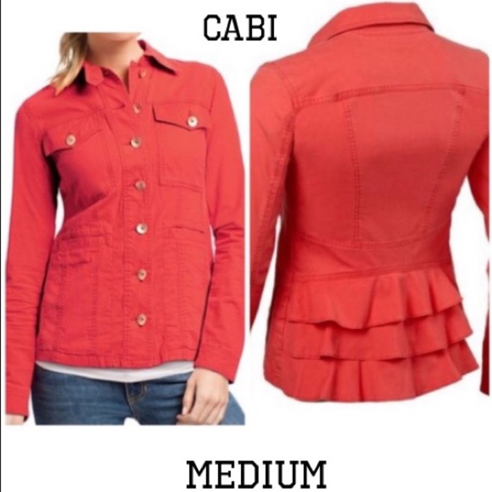 CAbi Red Utility Military Style Ruffle Hem Jacket